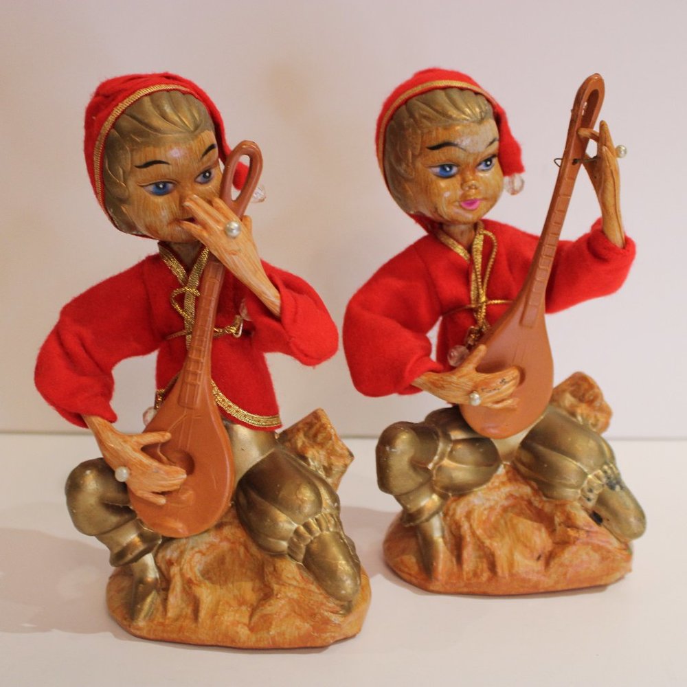Vintage pair Tilso Christmas elves pixies playing instrument. Made in Hong Kong
